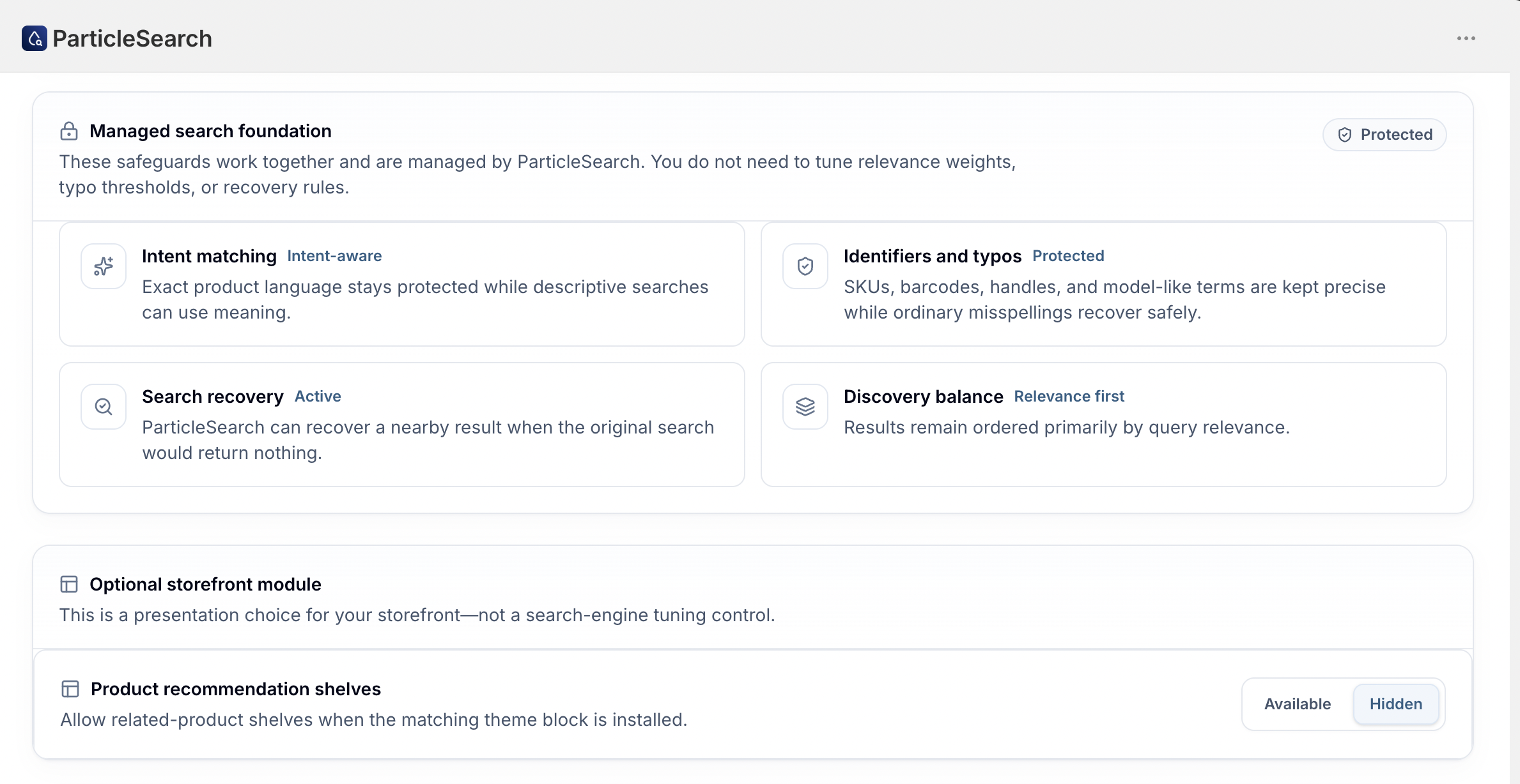 ParticleSearch managed search foundation showing intent matching, identifiers and typos, search recovery, discovery balance, and storefront modules